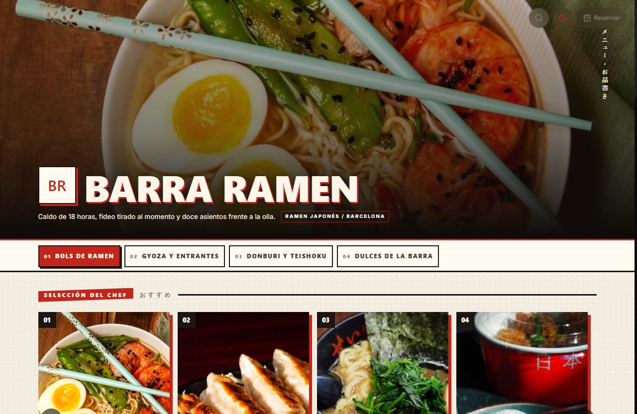Vista de la carta con el diseño Barra Ramen