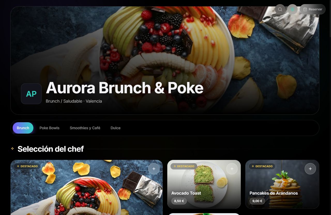Vista de la carta con el diseño Bento · Aurora