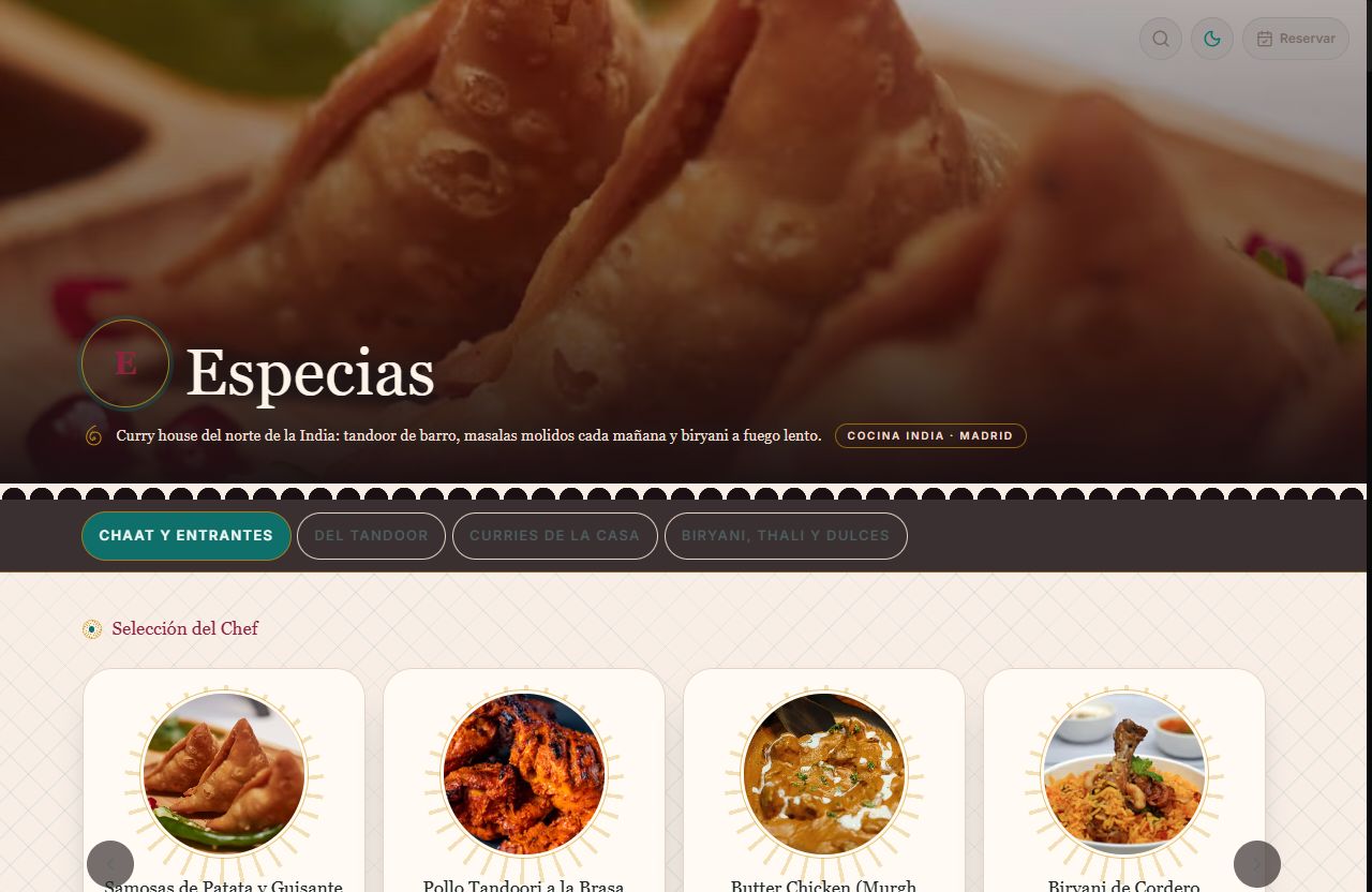 Vista de la carta con el diseño Especias