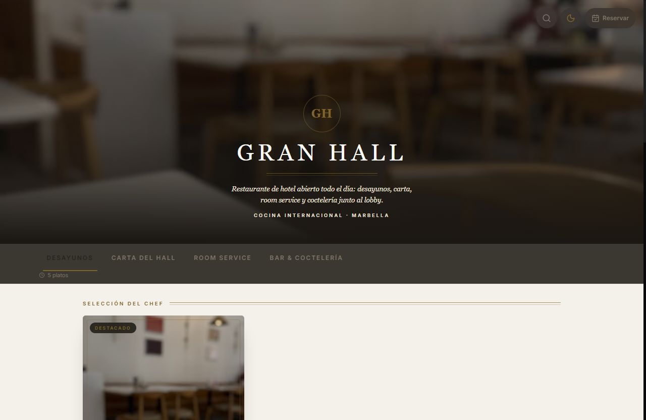 Vista de la carta con el diseño Gran Hall