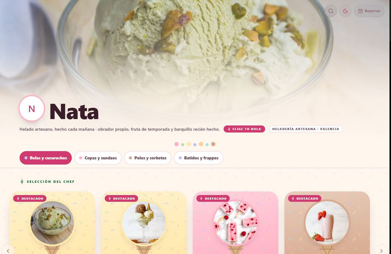 Vista de la carta con el diseño Nata