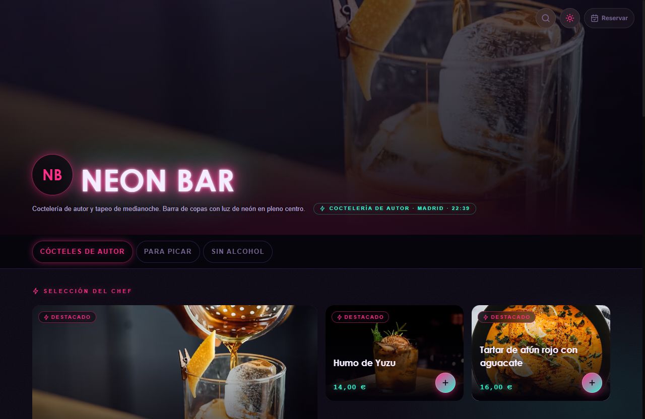 Vista de la carta con el diseño Nocturno Neón