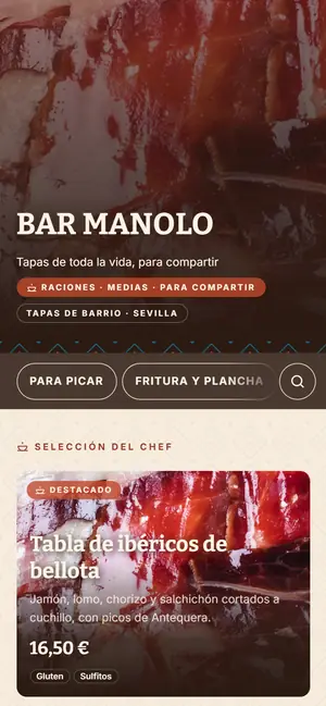 La misma carta de Bar Manolo en el móvil, con el diseño Barrio