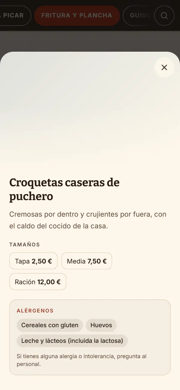 Ficha de las croquetas de puchero en el móvil: tapa, media y ración, y los alérgenos Cereales con gluten, Huevos y Leche y lácteos, con el aviso de preguntar al personal