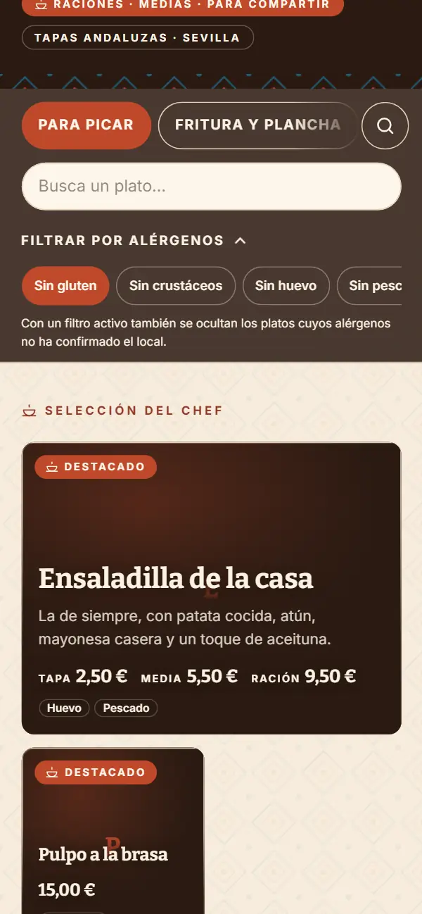 Carta de un bar en el móvil con el filtro «Sin gluten» activo y el aviso de que también se ocultan los platos sin alérgenos confirmados; debajo, los destacados sin gluten: la ensaladilla y el pulpo