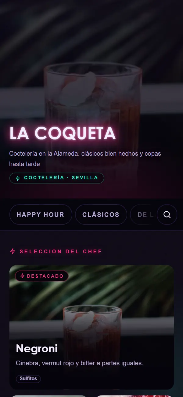 Carta de ejemplo de la coctelería La Coqueta con el diseño Nocturno: rótulo de neón sobre fondo oscuro y el Negroni entre los destacados