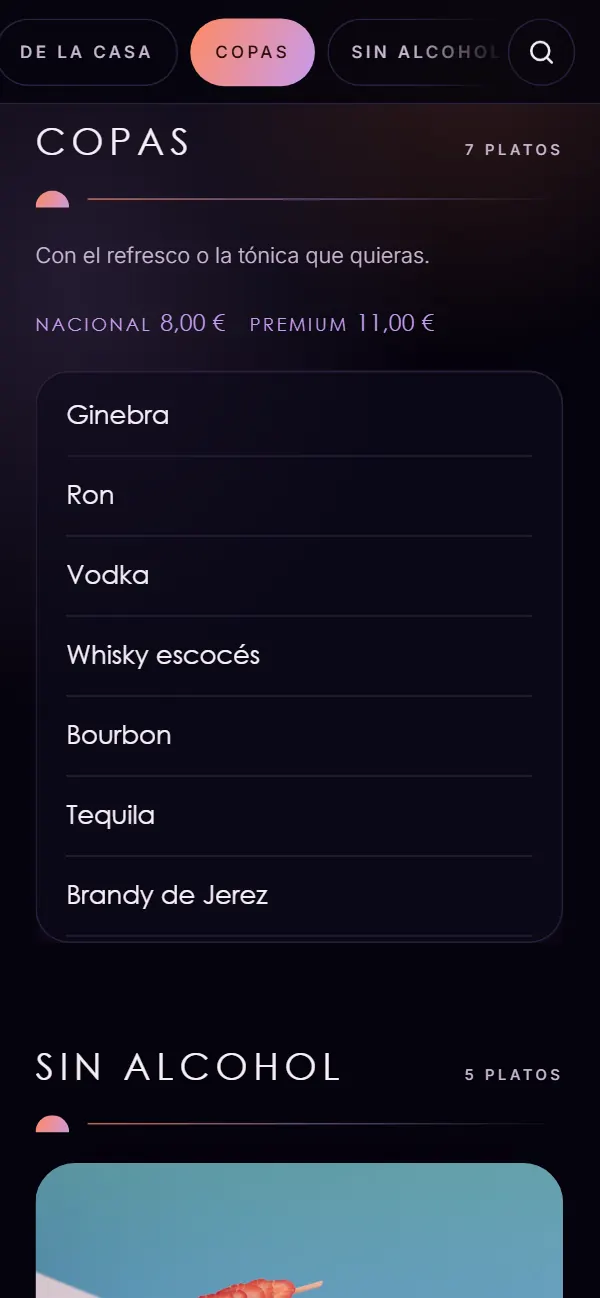 Sección Copas con el diseño Azotea: precio nacional a 8,00 € y premium a 11,00 €, y la lista de ginebra, ron, vodka, whisky escocés, bourbon, tequila y brandy de Jerez