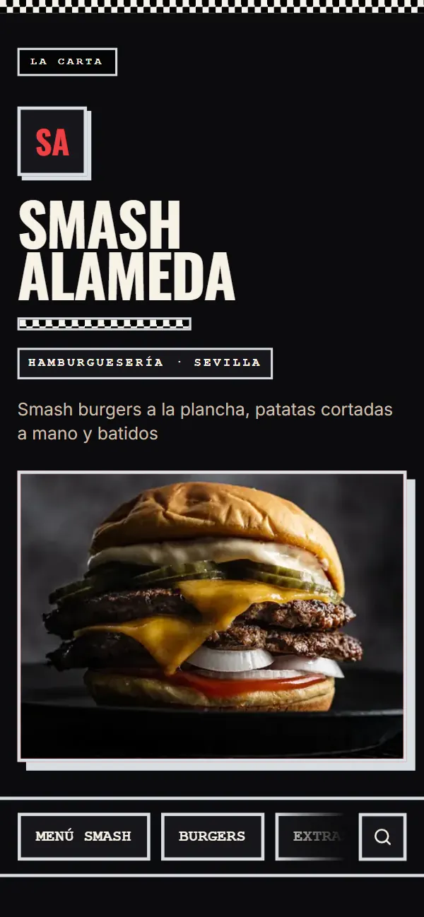 Carta de ejemplo de la hamburguesería Smash Alameda con el diseño Diner: nombre del local, foto de una smash burger y la barra de secciones