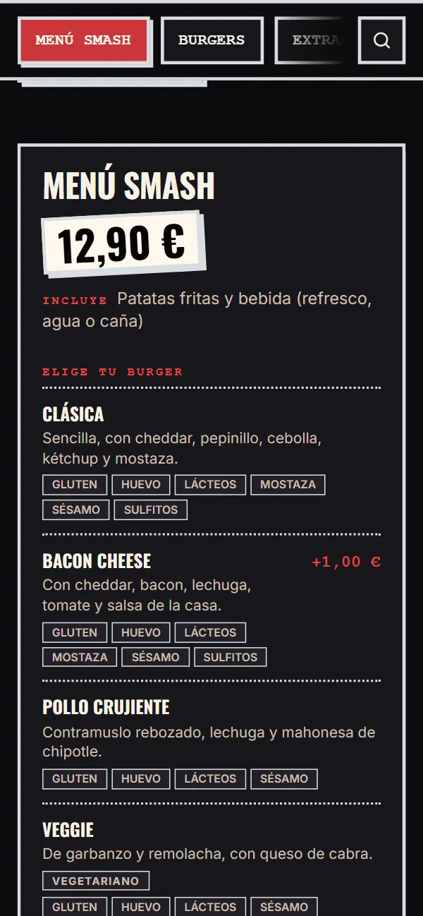 El Menú Smash en la carta de ejemplo: 12,90 €, incluye patatas fritas y bebida, y el grupo «Elige tu burger» con suplementos de +1,00 € y +2,50 €
