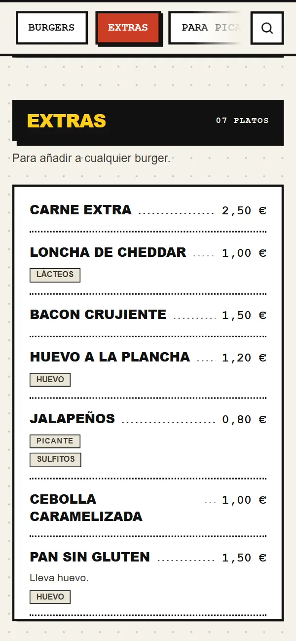 Sección Extras con el diseño Callejero Bold: carne extra a 2,50 €, loncha de cheddar, bacon crujiente, huevo, jalapeños y pan sin gluten, cada uno con su precio y sus alérgenos