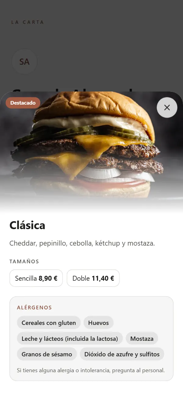 Ficha de la burger Clásica con el diseño Nórdico Minimalista: tamaños sencilla a 8,90 € y doble a 11,40 €, y sus alérgenos, entre ellos granos de sésamo y mostaza