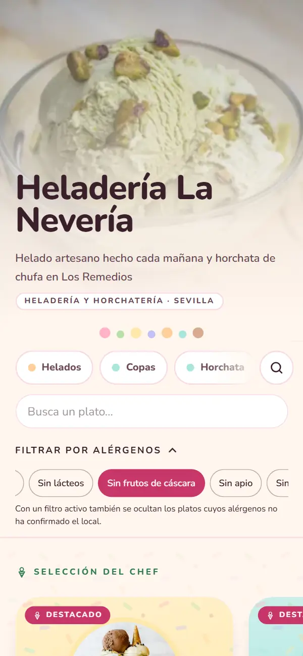 Carta de Heladería La Nevería con el buscador abierto y el filtro de alérgenos «Sin frutos de cáscara» activado
