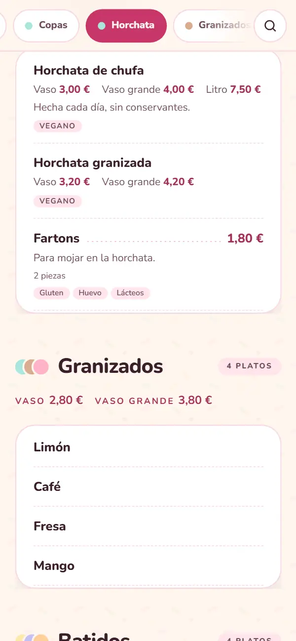 Secciones Horchata y Granizados de La Nevería: horchata de chufa en vaso a 3,00 €, vaso grande a 4,00 € y litro a 7,50 €, con la etiqueta Vegano, y granizados de limón, café, fresa y mango a 2,80 € el vaso o 3,80 € el vaso grande