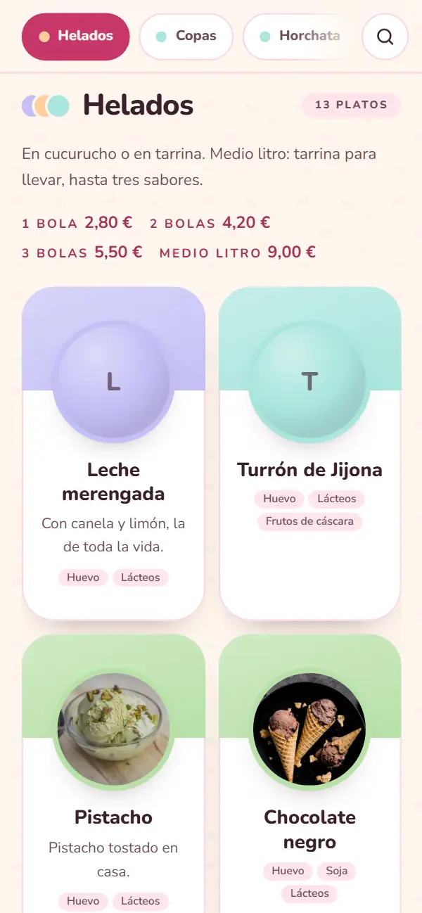 Sección Helados de Heladería La Nevería con el diseño Nata: 1 bola a 2,80 €, 2 bolas a 4,20 €, 3 bolas a 5,50 € y medio litro a 9,00 €, y los sabores leche merengada, turrón de Jijona, pistacho y chocolate negro