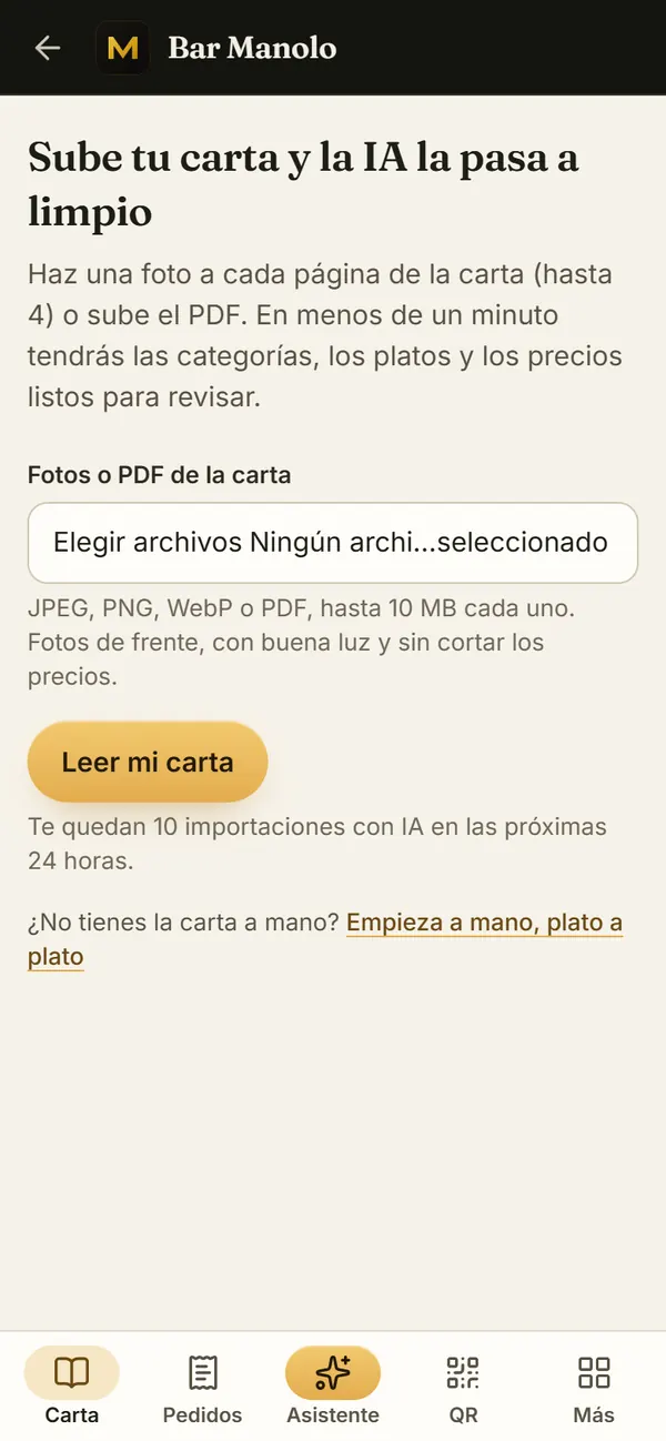 Página «Sube tu carta y la IA la pasa a limpio» del panel en el móvil: el campo para elegir hasta cuatro fotos o el PDF, los formatos que admite y el botón «Leer mi carta»
