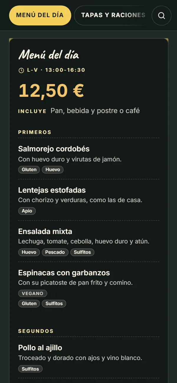 Menú del día de una carta de ejemplo en el móvil: de lunes a viernes de 13:00 a 16:30, 12,50 €, incluye pan, bebida y postre o café, y los primeros con sus alérgenos