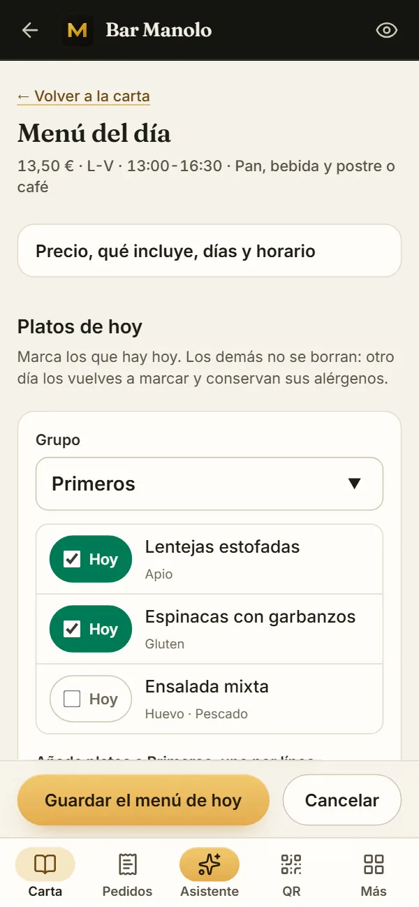El menú del día en el panel: 13,50 €, de lunes a viernes de 13:00 a 16:30, y los primeros con la casilla Hoy; la ensalada mixta, desmarcada, se queda guardada para otro día