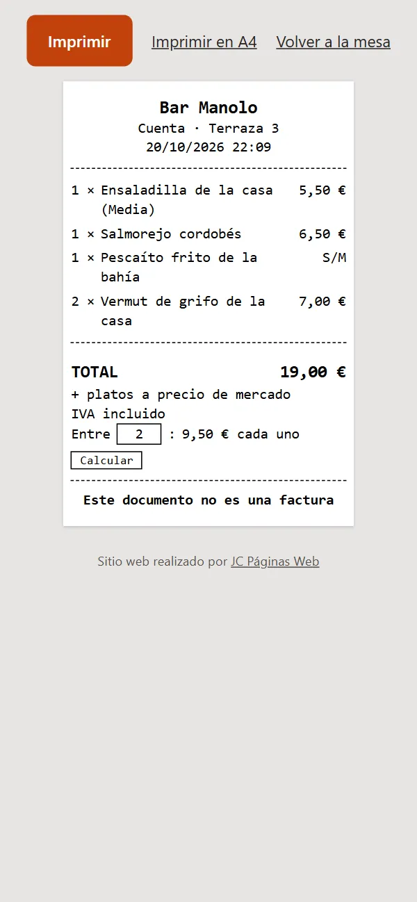 Cuenta de la Terraza 3 lista para imprimir en tique de 80 mm: cuatro líneas, total 19,00 €, IVA incluido, entre 2 a 9,50 € cada uno y «Este documento no es una factura»