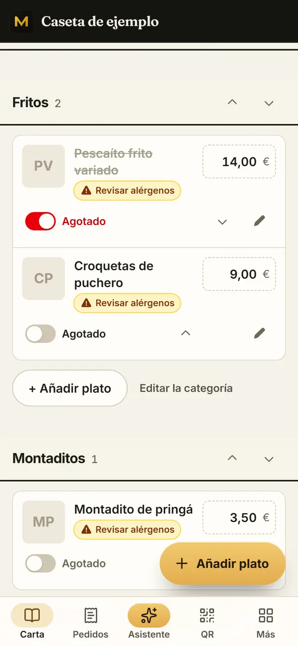 Panel de la caseta de ejemplo en el móvil: el pescaíto frito variado marcado como agotado, tachado y con el interruptor en rojo, y las croquetas de puchero disponibles
