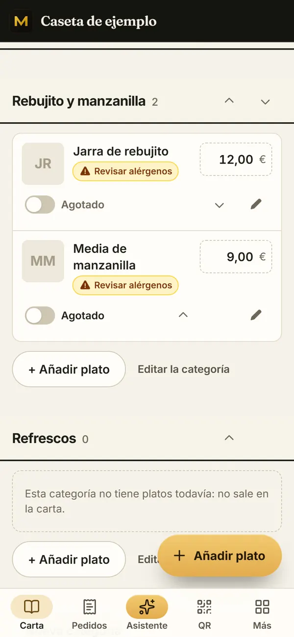 Panel de MenuAI de una caseta de ejemplo: la sección «Rebujito y manzanilla» con la jarra de rebujito a 12 € y la media de manzanilla a 9 €, y debajo la sección de refrescos