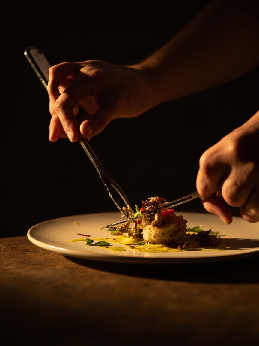Chef emplatando en una cocina de ambiente cálido