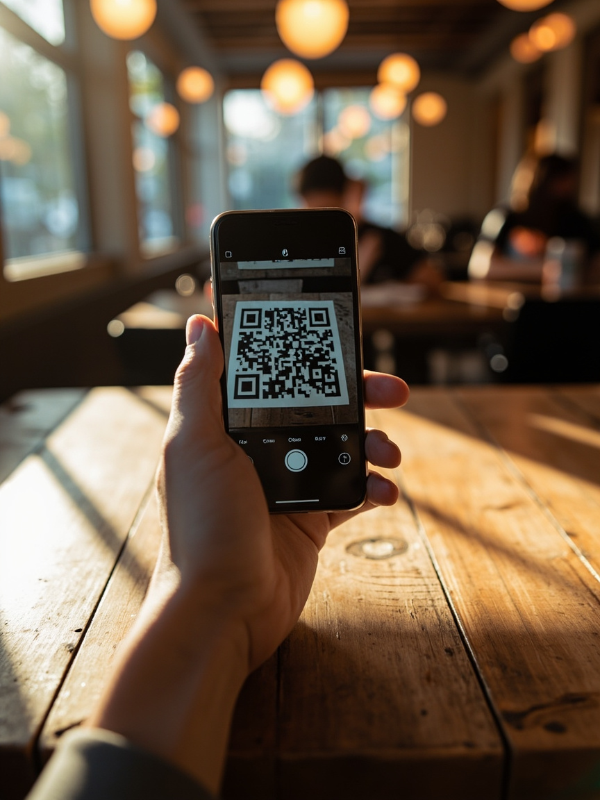 Persona escaneando un código QR con el móvil en un ambiente cálido