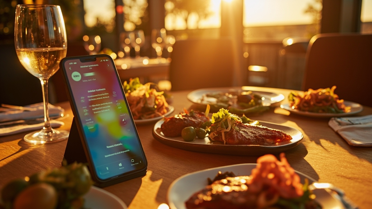 Mesa de restaurante a la hora dorada con un móvil mostrando la carta digital
